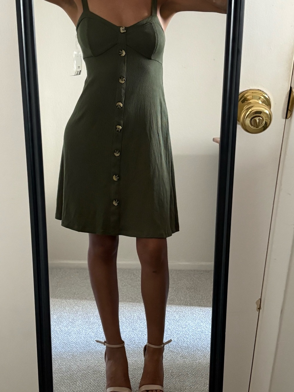 No Boundaries Olive Green Ribbed Button Sundress